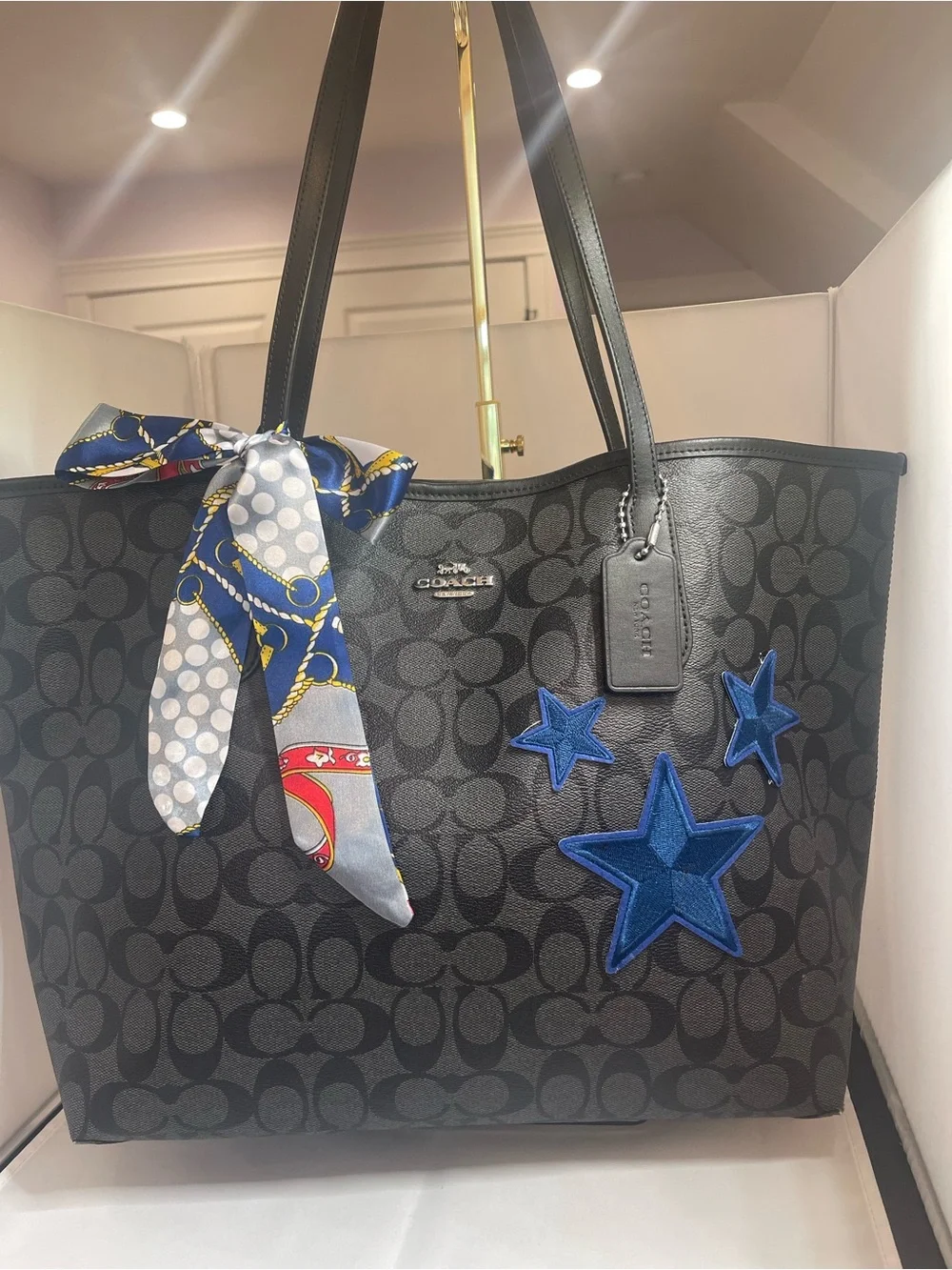 Coach Black Signature City Tote with Blue Star Appliqués - Picture 1 of 8